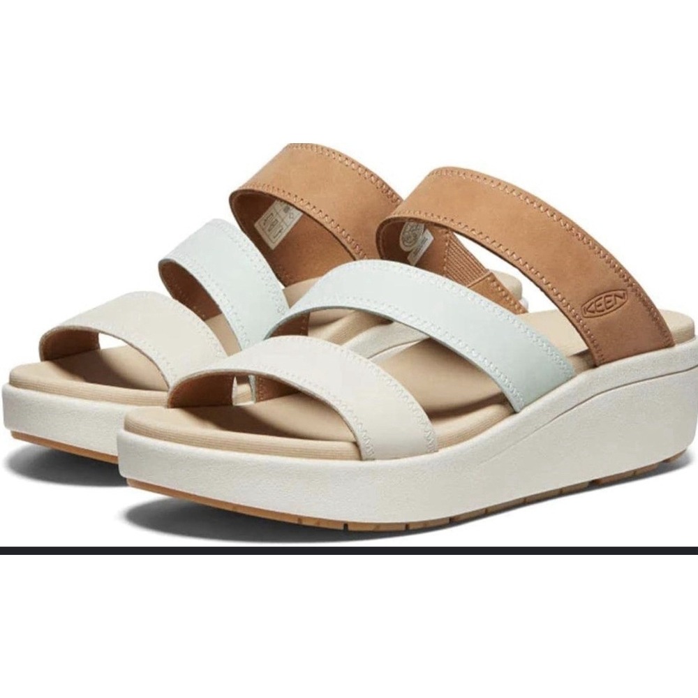 NIB KEEN 10 B Ellecity Slide Natural Leather Brown Ivory Clearly Aqua Platform